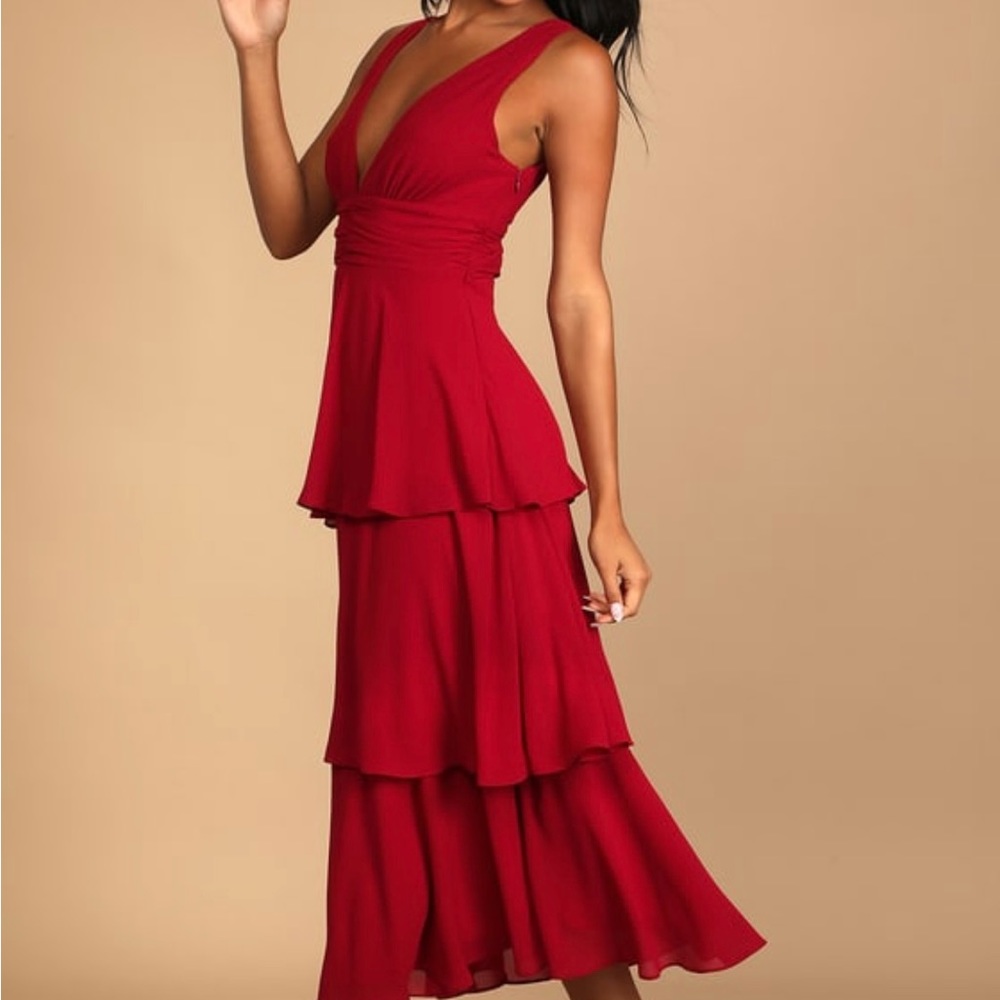 Red Sleeveless Tiered Midi Dress